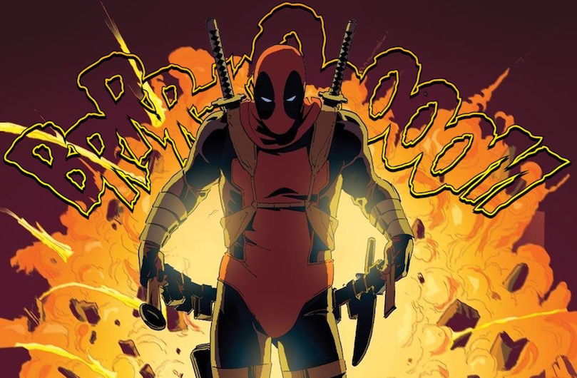 Clicca per vedere l'immagine originale Deadpool con alle spalle un'esplosizone enorme