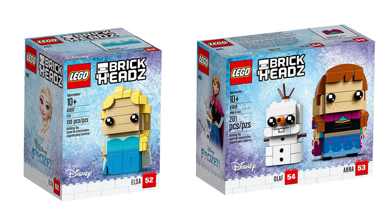 Box set LEGO BrickHeadz: Elsa, Anna e Olaf Dettaglio dei due box LEGO BrickHeadz di Elsa, Anna e Olaf