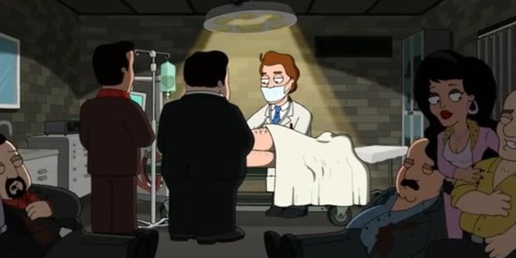 Il Dr. Fist nella serie TV animata The Cleveland Show mentre opera il suo paziente