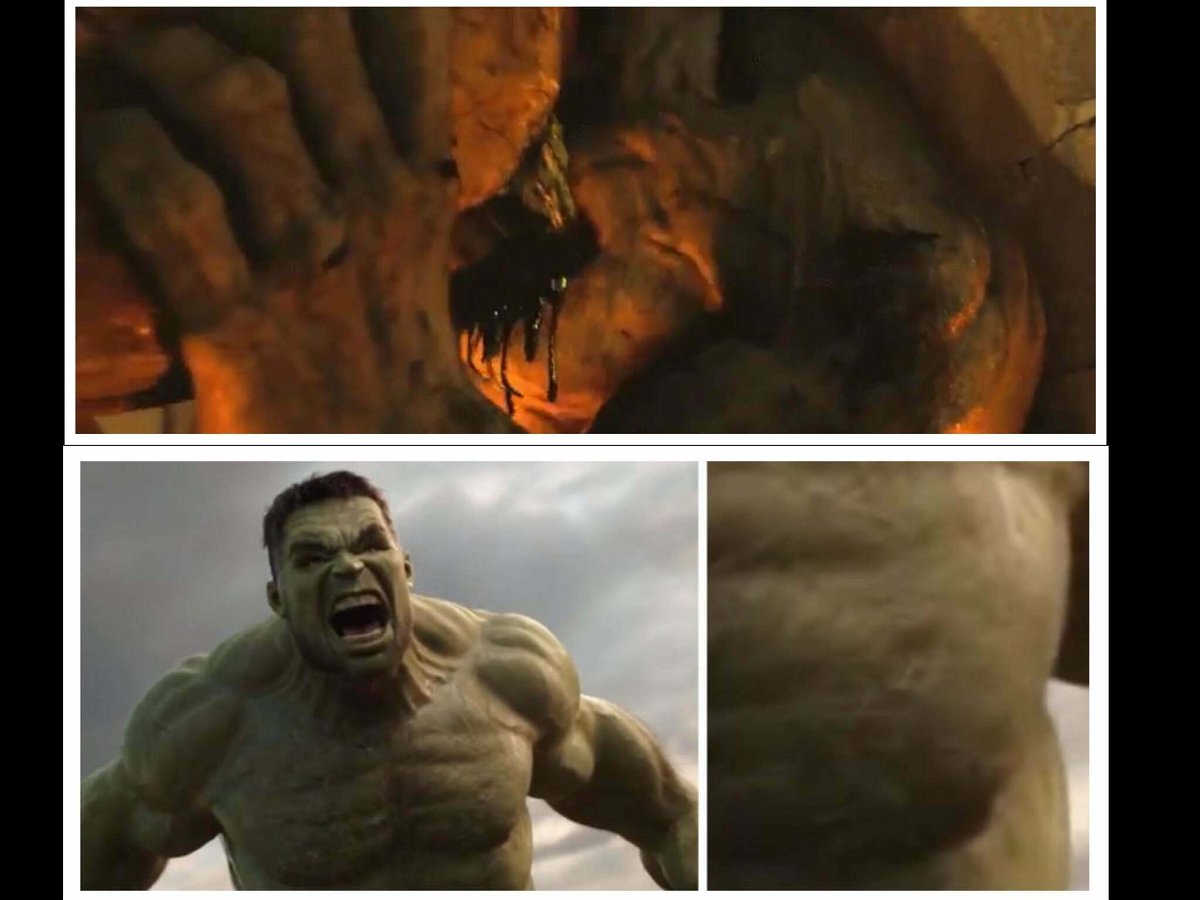 La ferita sul petto di Hulk in The Incredible Hulk (sopra) e Thor: Ragnarok (sotto)