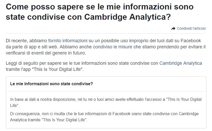 Test di Facebook che nega la condivisione di informazioni con Cambridge Analytica