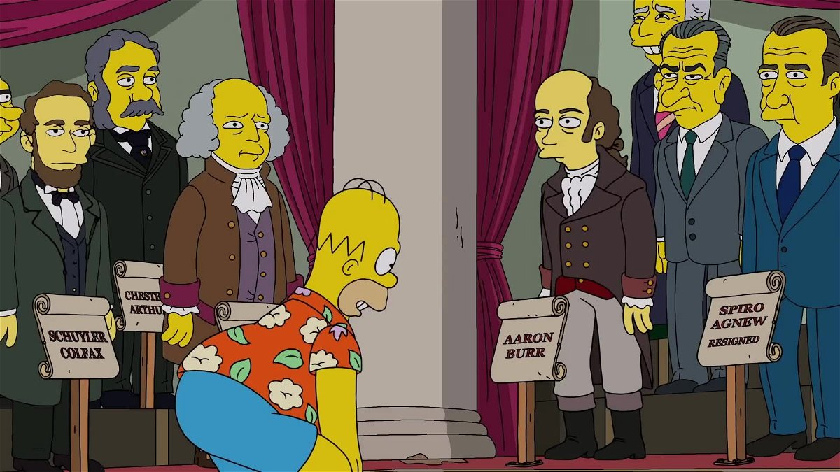 Homer guarda gli animatronic dei vicepresidenti americani nel parco a tema 