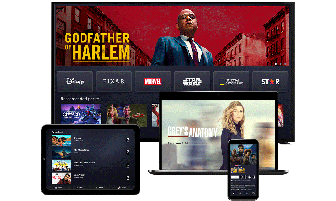 Disney+ Disney+ in esecuzione su TV, tablet, smartphone e notebook