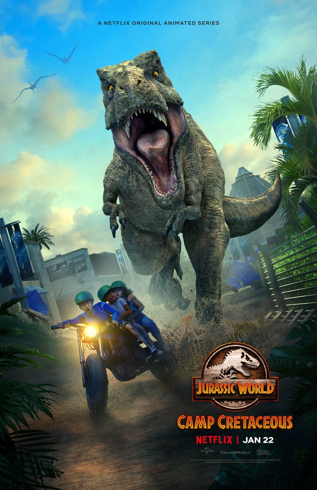 I protagonisti inseguiti dal T-Rex nel poster di Jurassic World: Nuove Avventure 2