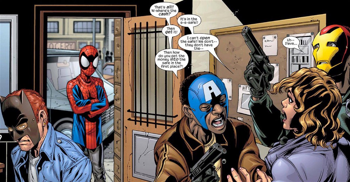 Tavola di un numero di Ultimate Spider-Man dove l'Uomo-Ragno affronta dei malviventi che indossano le maschere dei Vendicatori
