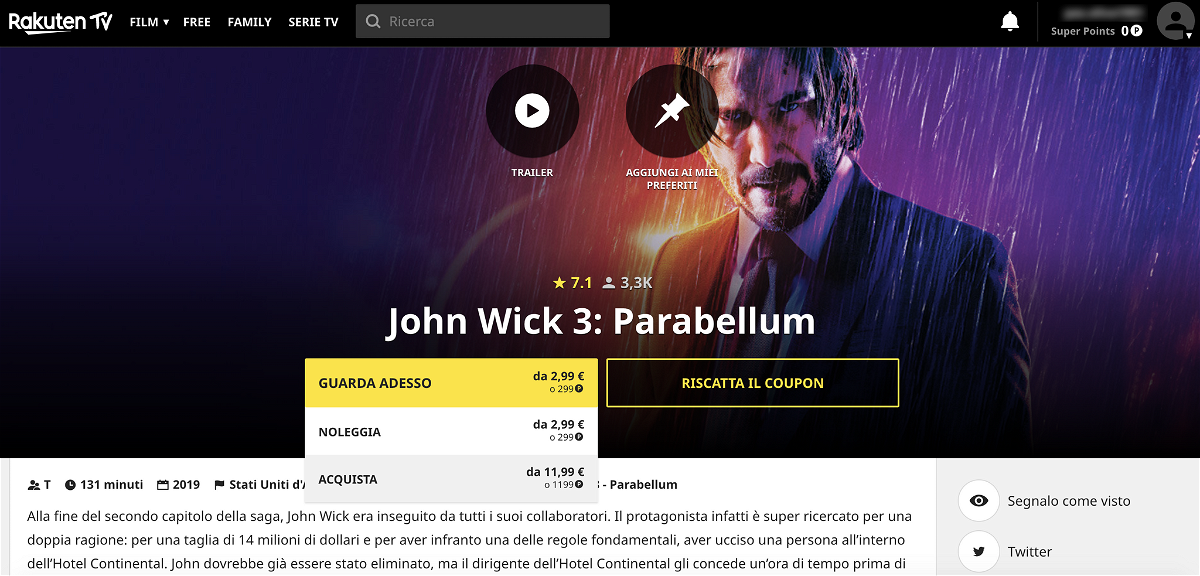 La scheda di John Wick 3 - Parabellum su Rakuten TV