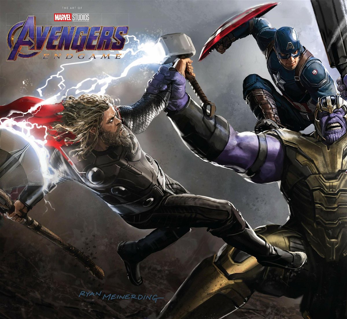 La cover del libro Avengers: Endgame - The Art of the Movie con Thor, Capitan America e Thanos in battaglia