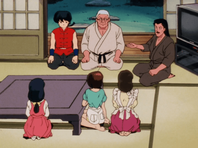 Ranma e suo padre riuniti con la famiglia Tendo