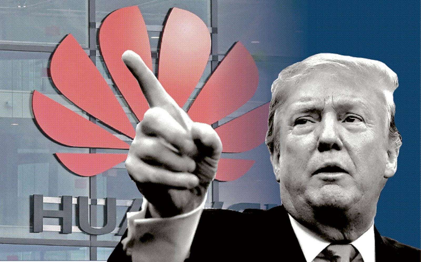 Clicca per vedere l'immagine originale Il Presidente Trump in primo piano, sullo sfondo il logo di Huawei