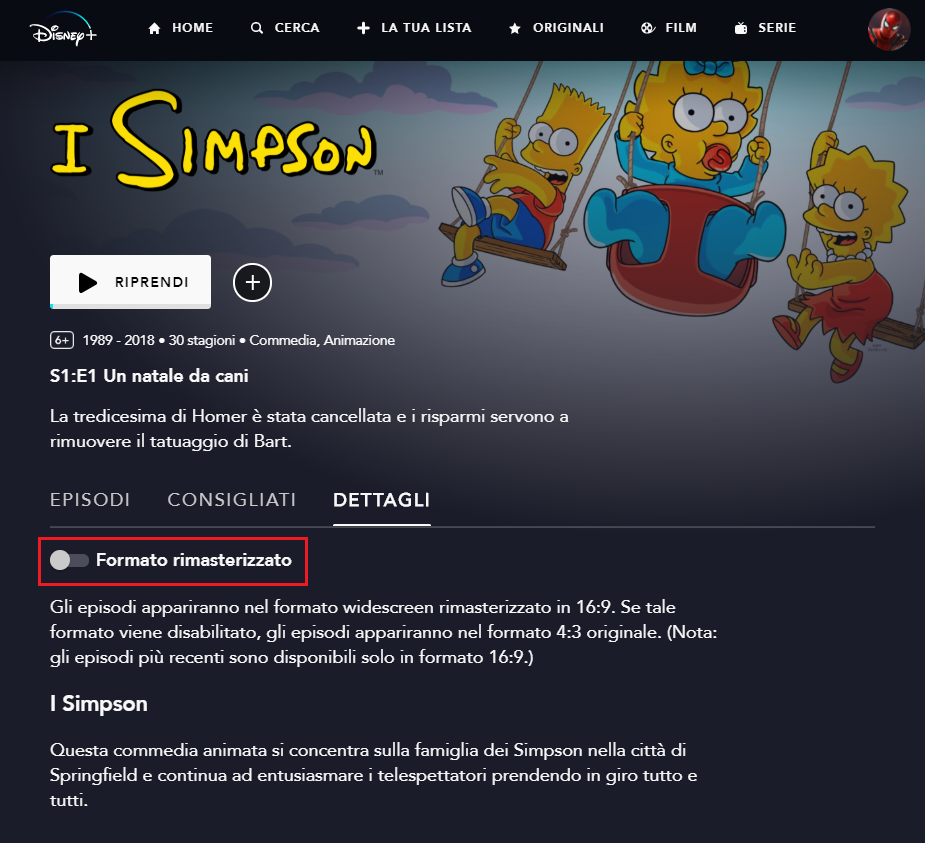 L'opzione 'Formato rimasterizzato' nella scheda Dettagli de I Simpson
