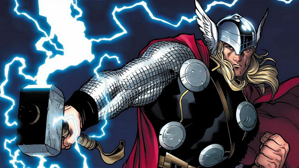 Un'illustrazione di Thor con tanto di capelli lunghi e Mjolnir