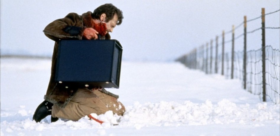 Carl nasconde la valigia piena di soldi in una scena di Fargo