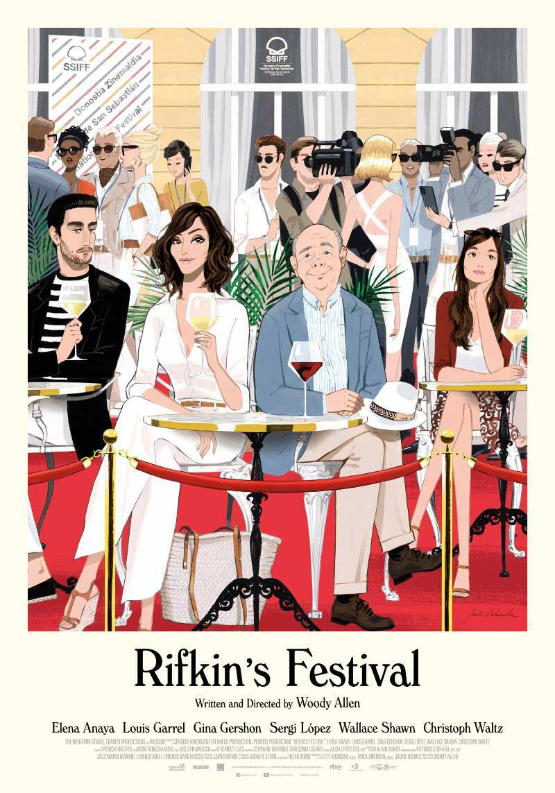 Clicca per vedere l'immagine originale I protagonisti di Rifkin’s Festival nel poster realizzato come se fosse un disegno