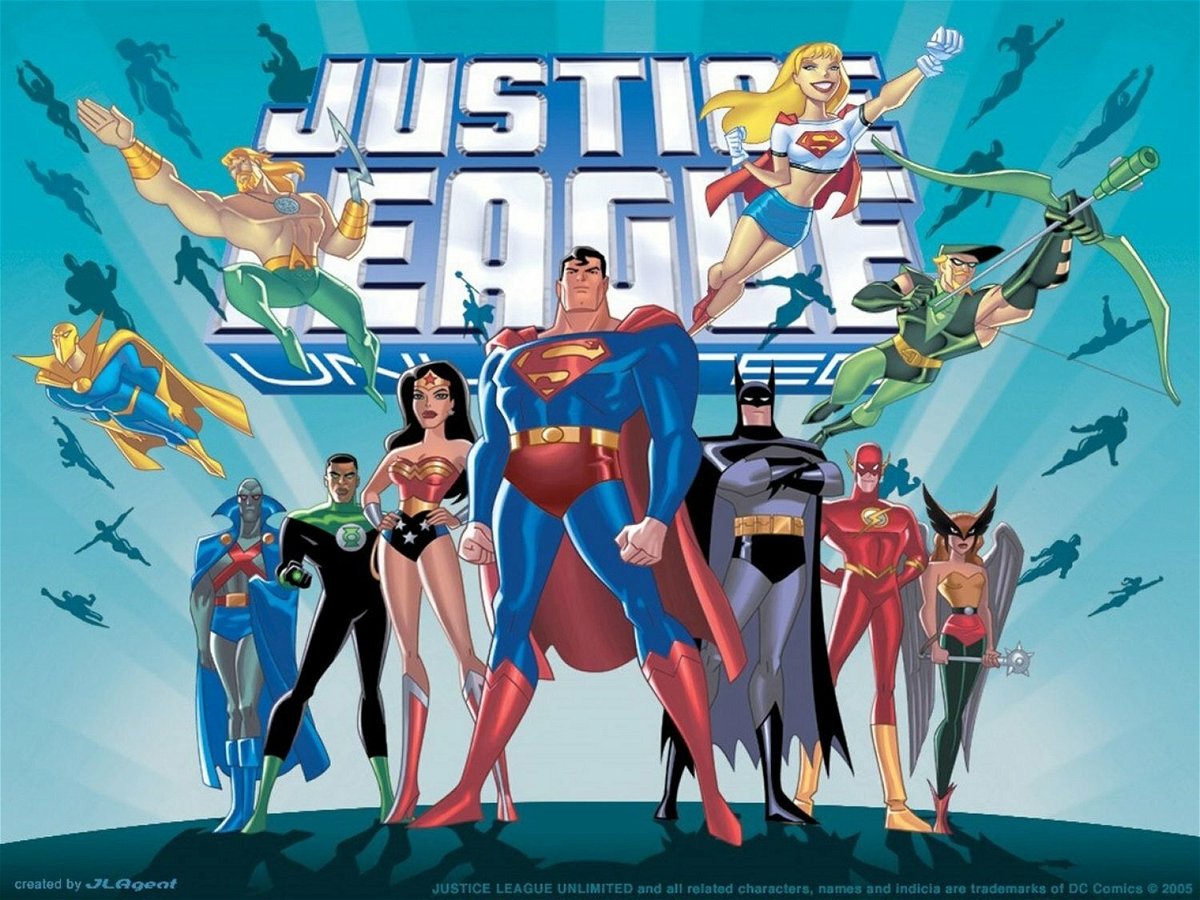 I maggiori supereroi DC Comics raggruppati sotto il logo del titolo della seerie Justice League Unlimited