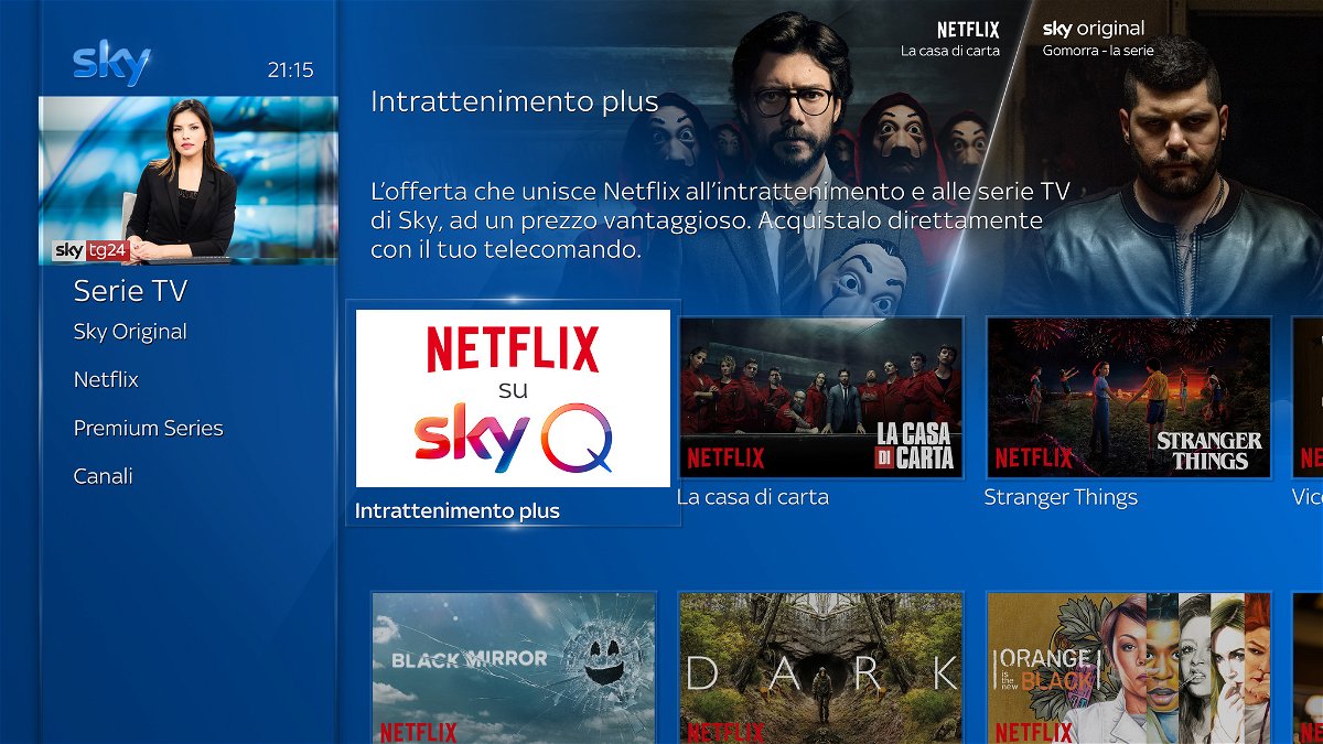 Schermata del menu Sky Q con serie Sky e Netflix