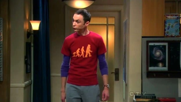 <p>La maglietta di Sheldon sull'evoluzione. Il cui ultimo passo, naturalmente, &egrave; ManBot: l'uomo-robot!</p>