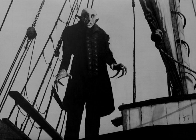 Un'immagine che ritrae a figura intera Max Schreck nei panni del Conte Orlok