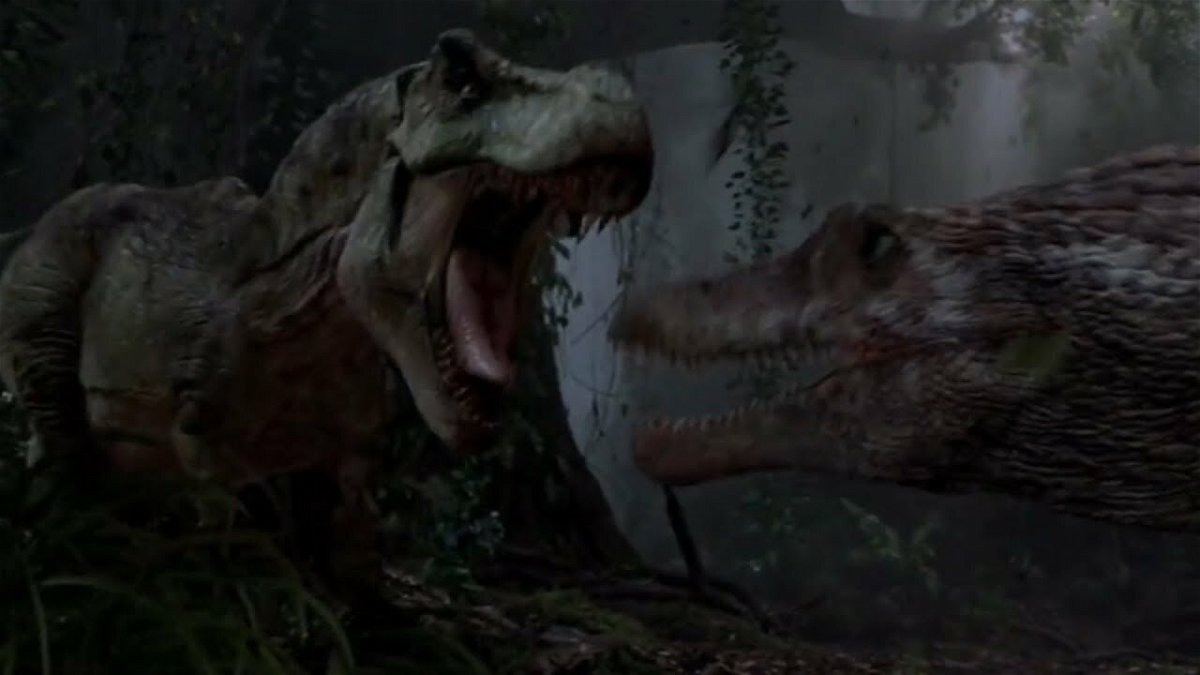 Una scena di Jurassic Park III con il combattimento tra il T-Rex e lo Spinosauro