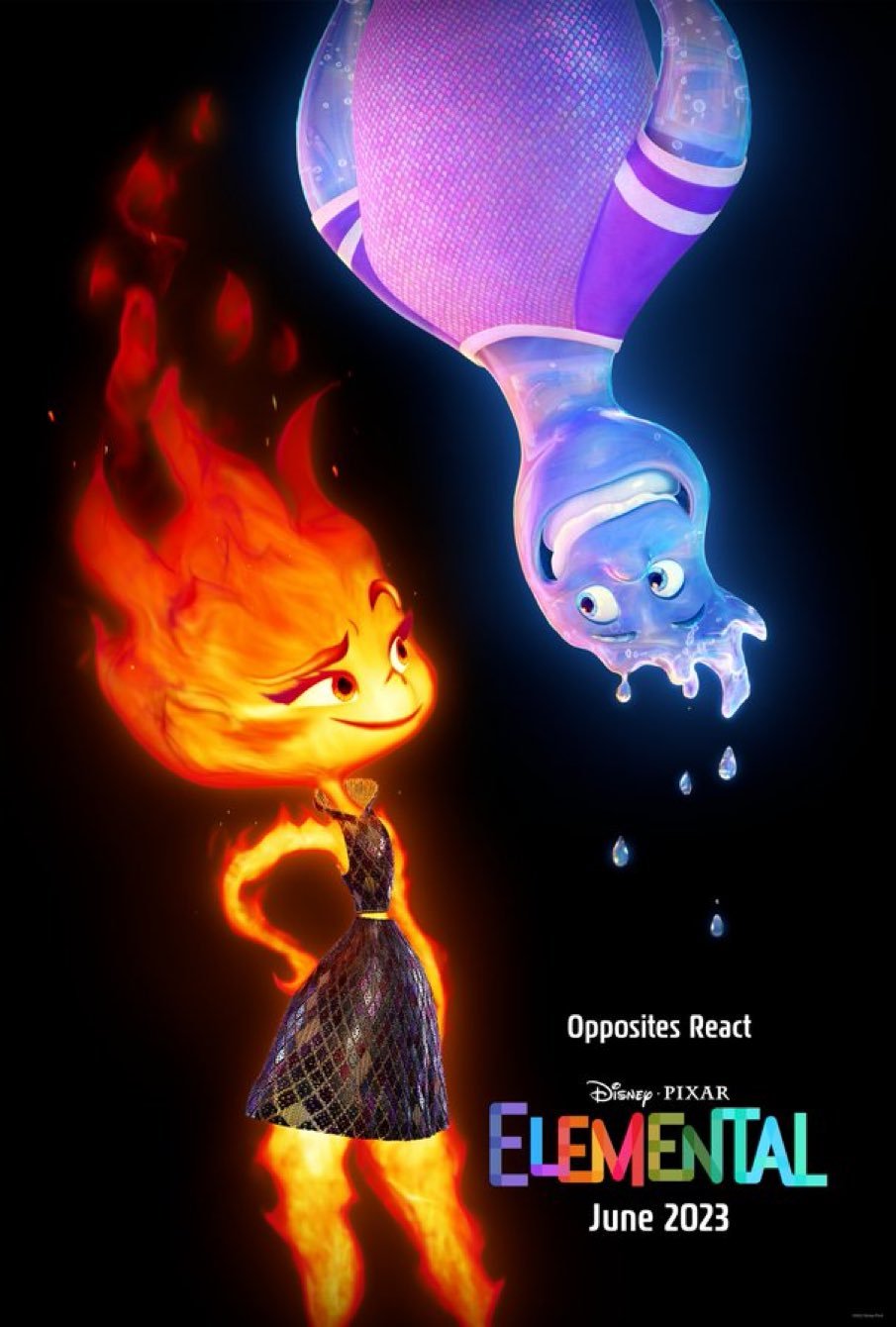elementales | Afiche oficial - Los personajes agua y fuego se miran