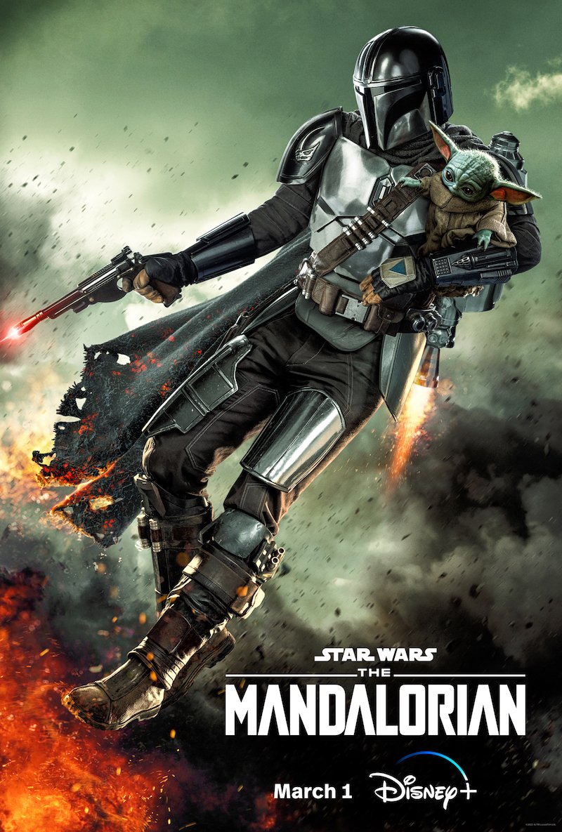 The Mandalorian season 3 poster | Mando holds Grogu as he shoots downward