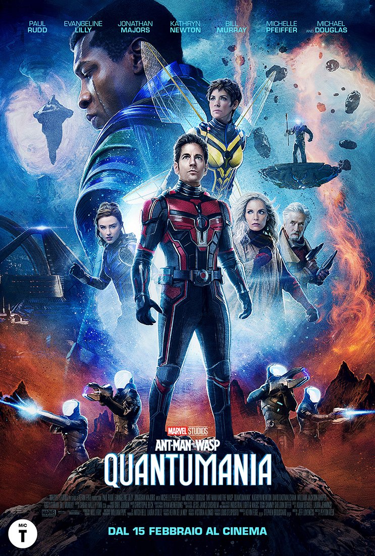 Karınca Adam ve Yaban Arısı: Kuantum Çılgınlığı | Ant-Man, Cassie, The Wasp, Hank ve Janet'in yer aldığı resmi afiş. Kang daha da yukarıda