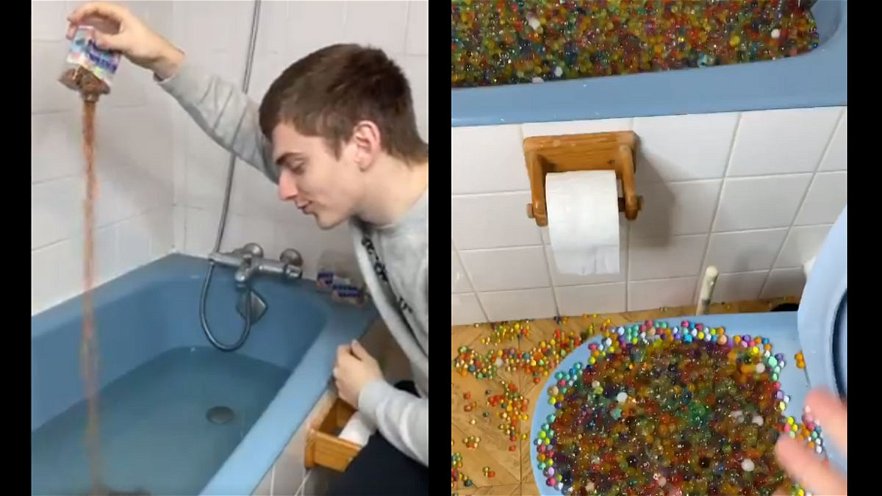 Copertina di Riempie la vasca da bagno di palline gel (e combina un casino) [VIDEO]