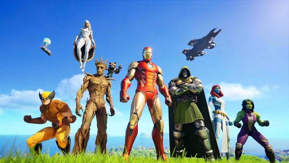 Copertina di Iron Man, Thor, Wolverine e gli altri personaggi Marvel atterrati sull'isola di Fortnite